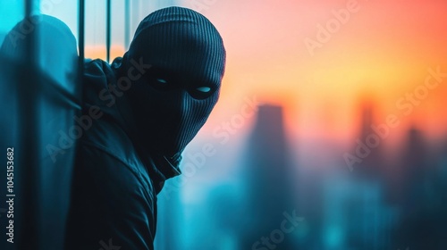 Masked Vigilante Scaling Skyscraper at Sunset