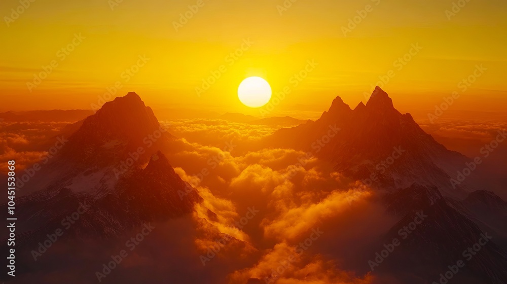 A view of the sun setting over a mountain range covered in clouds A view of the sun setting over a mountain range covered in clouds