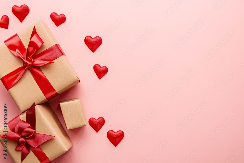 Gift boxes with red ribbon bow and hearts on pastel pink background. Happy Valentines Day concept with generative ai Gift boxes with red ribbon bow and hearts on pastel pink background. Happy Valentines Day concept with generative ai