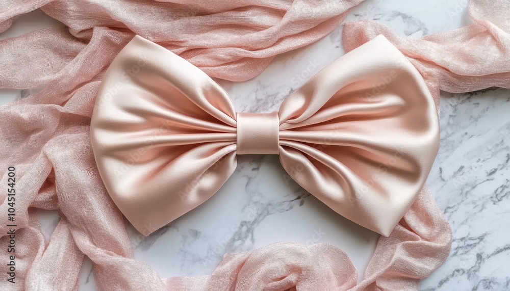 A delicate pink satin bow surrounded by soft fabric, perfect for elegant decorations A delicate pink satin bow surrounded by soft fabric, perfect for elegant decorations