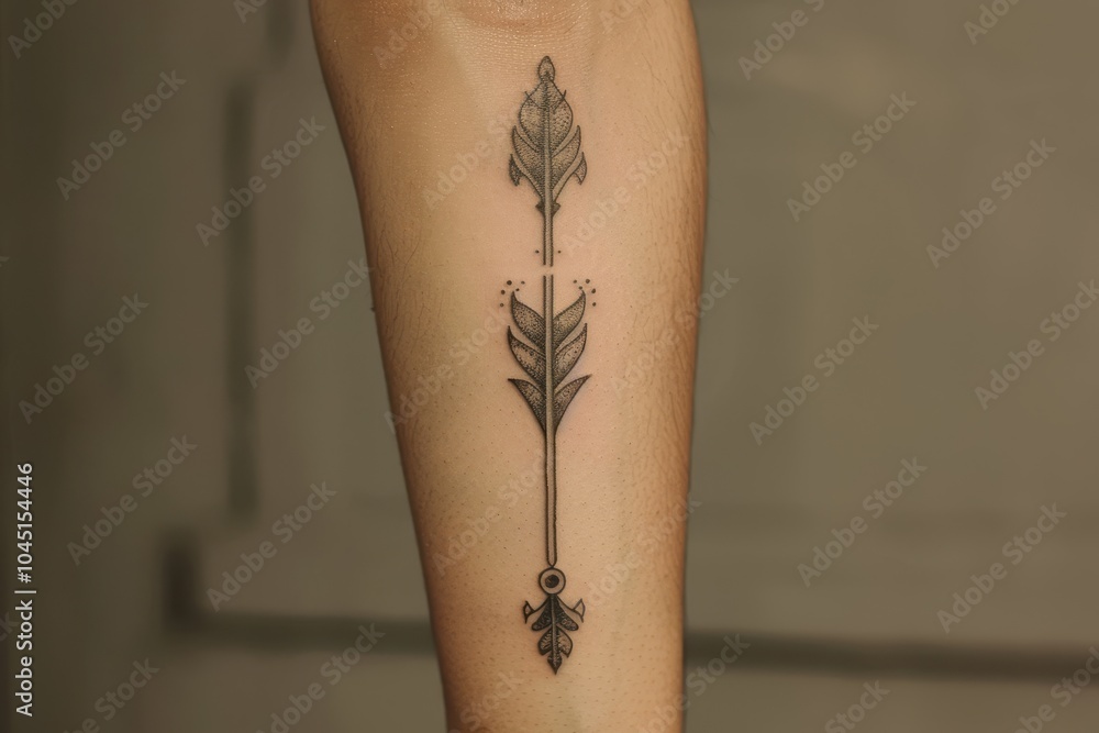 Obraz premium A minimalist arrow tattoo on the forearm, pointing forward.