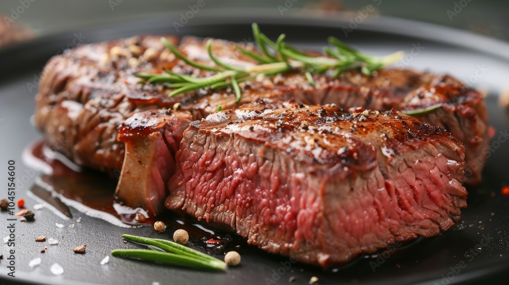 Close up of Medium Rare Grilled Steak with Rosemary and Spices Close up of Medium Rare Grilled Steak with Rosemary and Spices