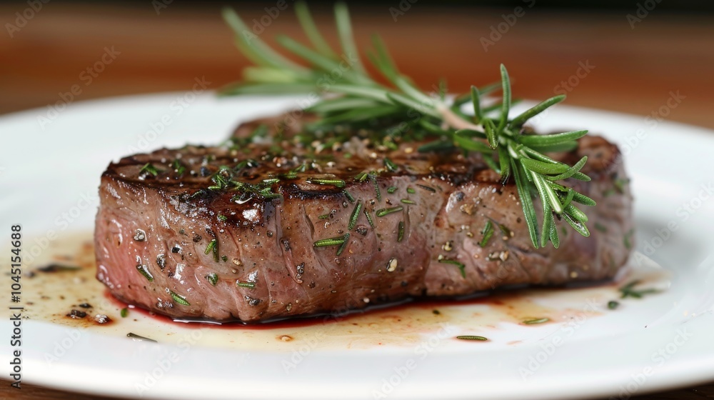 Grilled Steak with Rosemary Garnish on White Plate Grilled Steak with Rosemary Garnish on White Plate