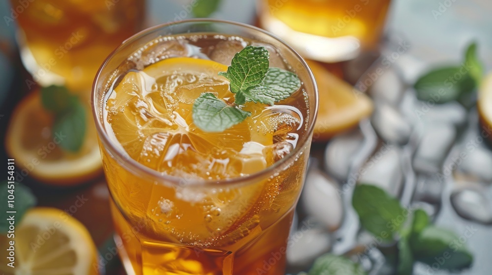 Refreshing Iced Tea with Lemon and Mint Close up