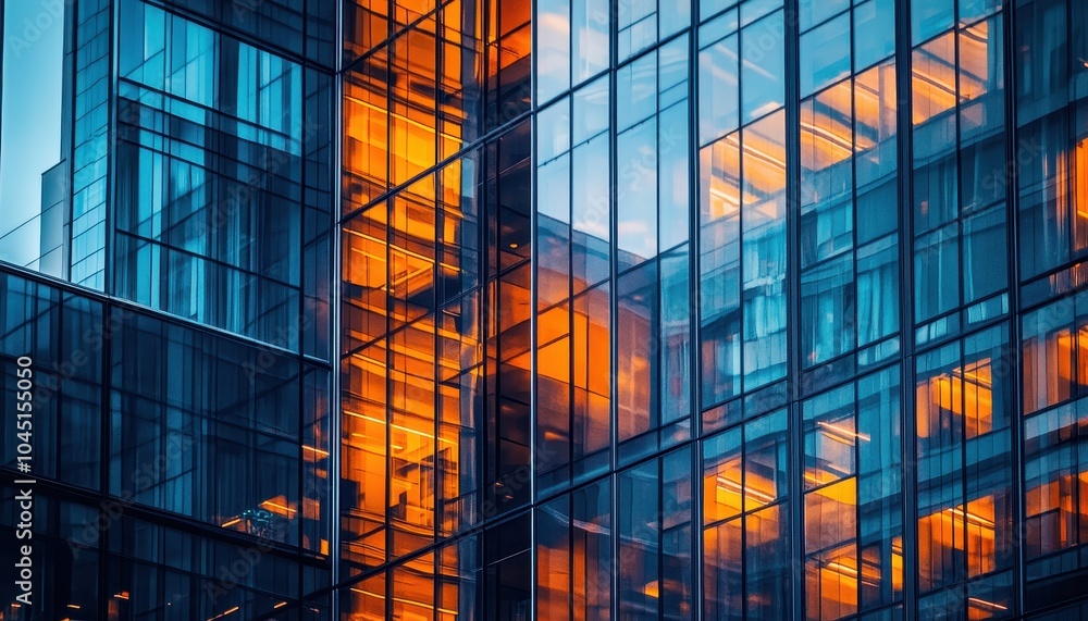 Modern office building featuring sleek glass design illuminated at sunset Modern office building featuring sleek glass design illuminated at sunset