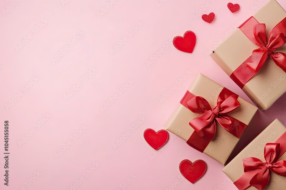 Gift boxes with red ribbon bow and hearts on pastel pink background. Happy Valentines Day concept with generative ai Gift boxes with red ribbon bow and hearts on pastel pink background. Happy Valentines Day concept with generative ai