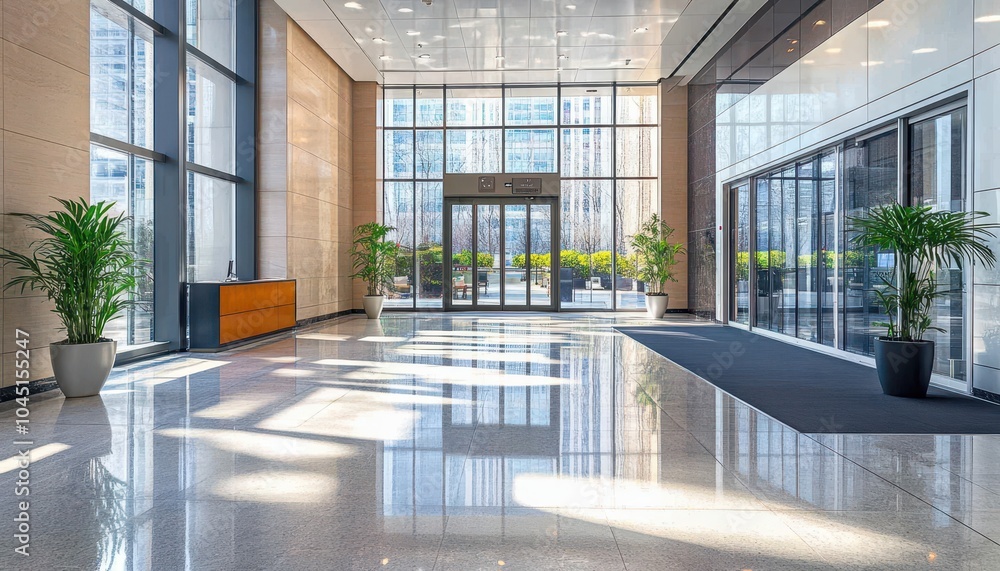 Modern office lobby features elegant decor in a vibrant city center Modern office lobby features elegant decor in a vibrant city center