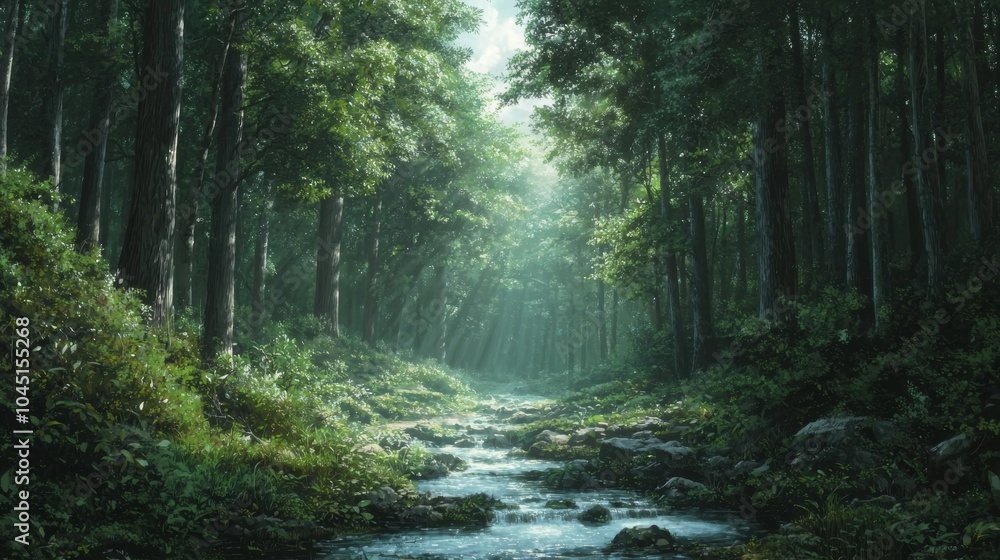 Fototapeta premium Serene Forest Stream Sunlight Through Trees Green Foliage Nature Photography