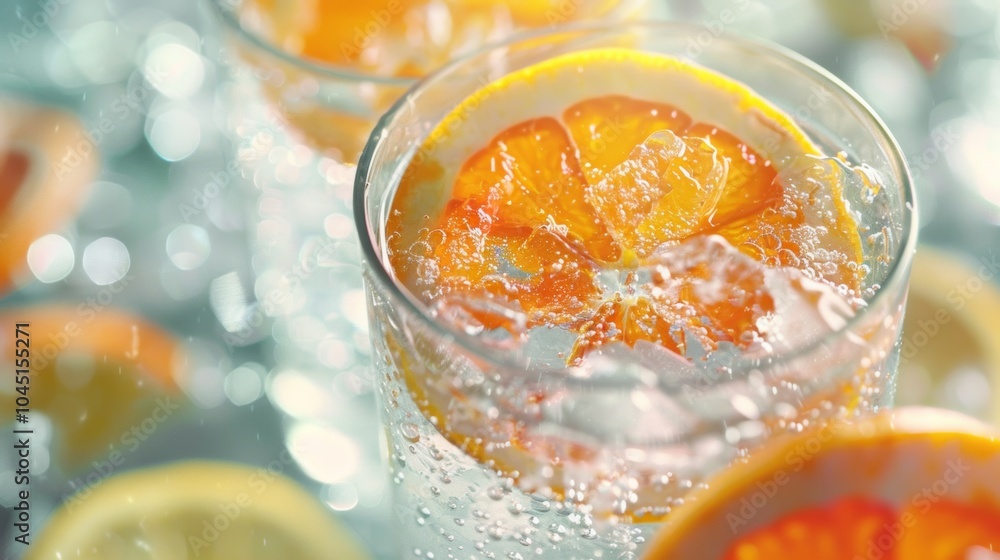 Refreshing Orange Seltzer with Ice and Bubbles Close up Refreshing Orange Seltzer with Ice and Bubbles Close up