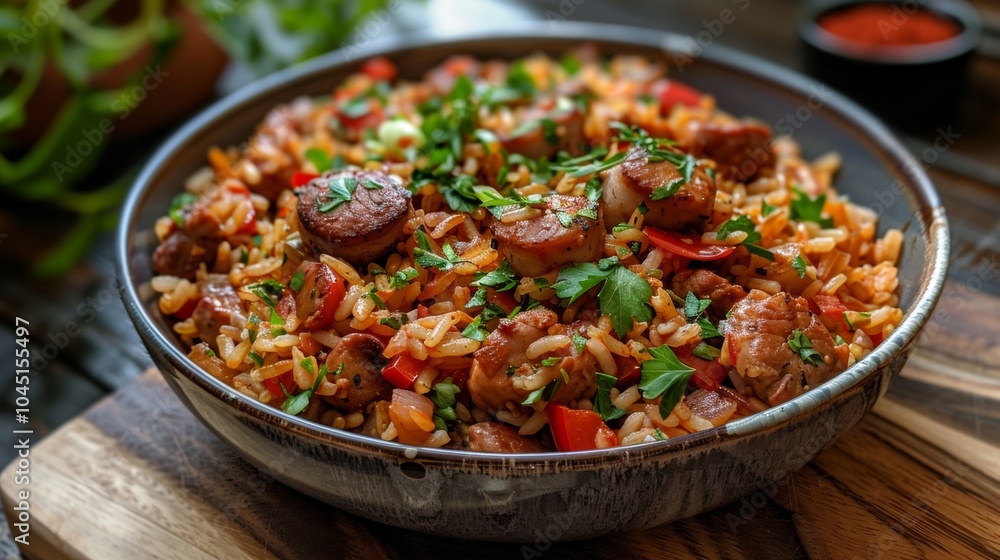 Delicious Savory Rice Dish with Sausage Peppers and Herbs in Bowl Delicious Savory Rice Dish with Sausage Peppers and Herbs in Bowl