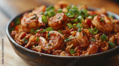 Delicious Shrimp Jambalaya with Green Onions and Herbs in a Brown Bowl