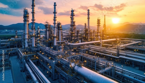 Oil refinery at sunset showcasing intricate pipes and industrial structures