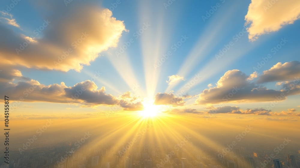 Golden Sunset Rays Over Cityscape Clouds Golden Sunset Rays Over Cityscape Clouds