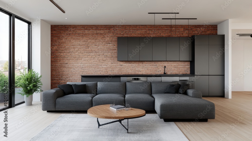 Fototapeta premium Modern Loft Living Room with Exposed Brick Design