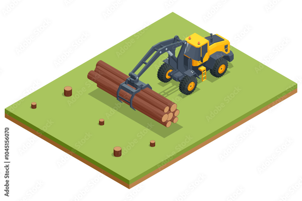 Isometric Log Loader. Loading equipment for logging. Log loader for timber, logs. The log loader moves a stack of pine logs. Lumber industry. Woodworking factory Isometric Log Loader. Loading equipment for logging. Log loader for timber, logs. The log loader moves a stack of pine logs. Lumber industry. Woodworking factory