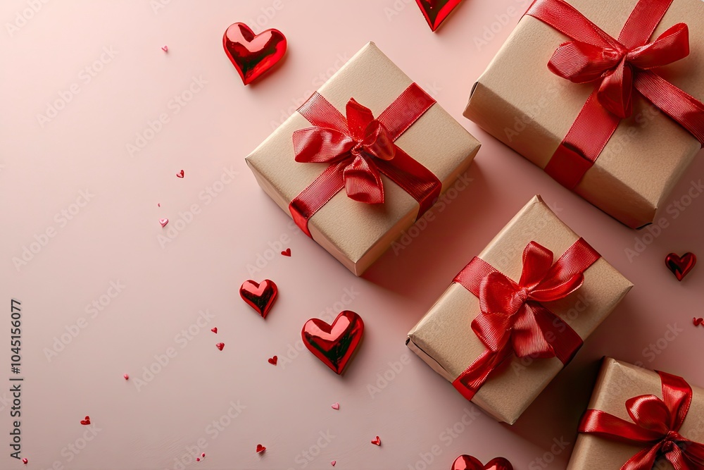 Gift boxes with red ribbon bow and hearts on pastel pink background. Happy Valentines Day concept with generative ai Gift boxes with red ribbon bow and hearts on pastel pink background. Happy Valentines Day concept with generative ai
