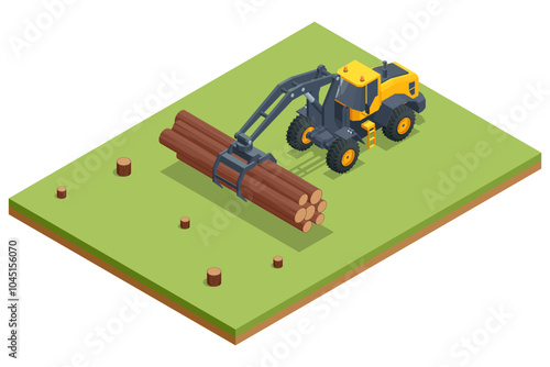 Isometric Log Loader. Loading equipment for logging. Log loader for timber, logs. The log loader moves a stack of pine logs. Lumber industry. Woodworking factory