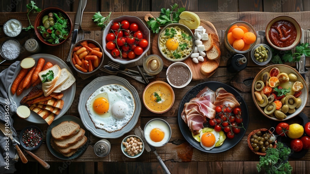 Delicious Breakfast Table with Eggs Bacon and Fresh Produce Delicious Breakfast Table with Eggs Bacon and Fresh Produce