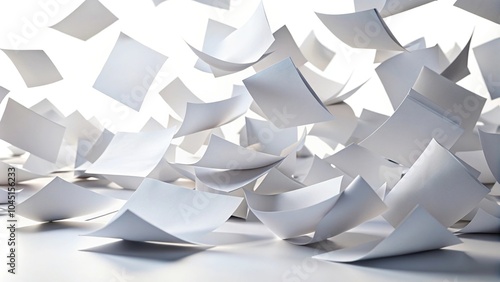 Extreme close-up of flying paper sheets isolated on white background