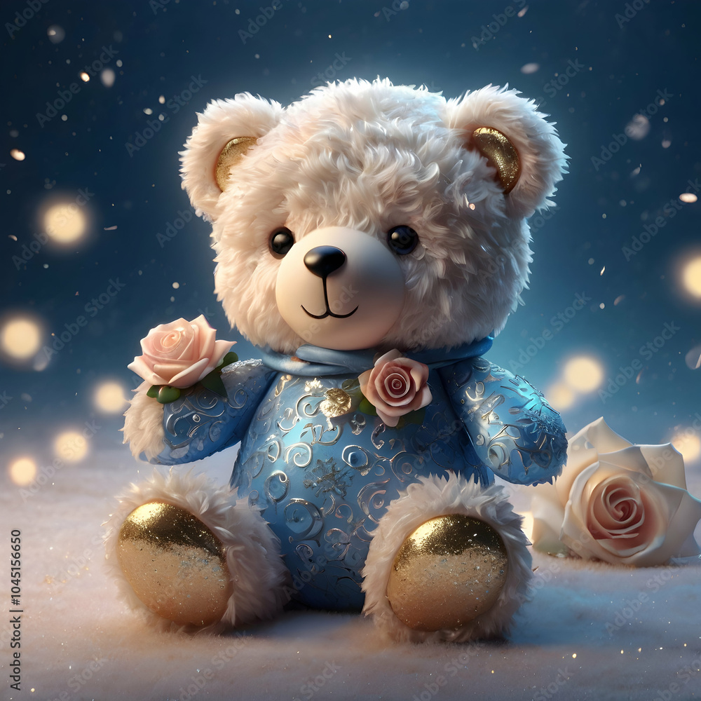 A captivating 3D render of an anime-inspired teddy bear named Nancy, showcasing a charming and enchanting design. The white bear is elegantly adorned with a delicate rose theme, enhanced by gold accen A captivating 3D render of an anime-inspired teddy bear named Nancy, showcasing a charming and enchanting design. The white bear is elegantly adorned with a delicate rose theme, enhanced by gold accen