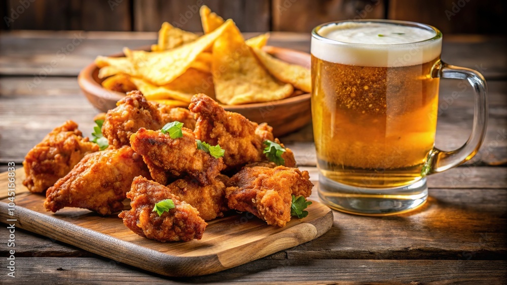Extreme close-up of fried chicken wings, beer, nachos on wooden board Extreme close-up of fried chicken wings, beer, nachos on wooden board