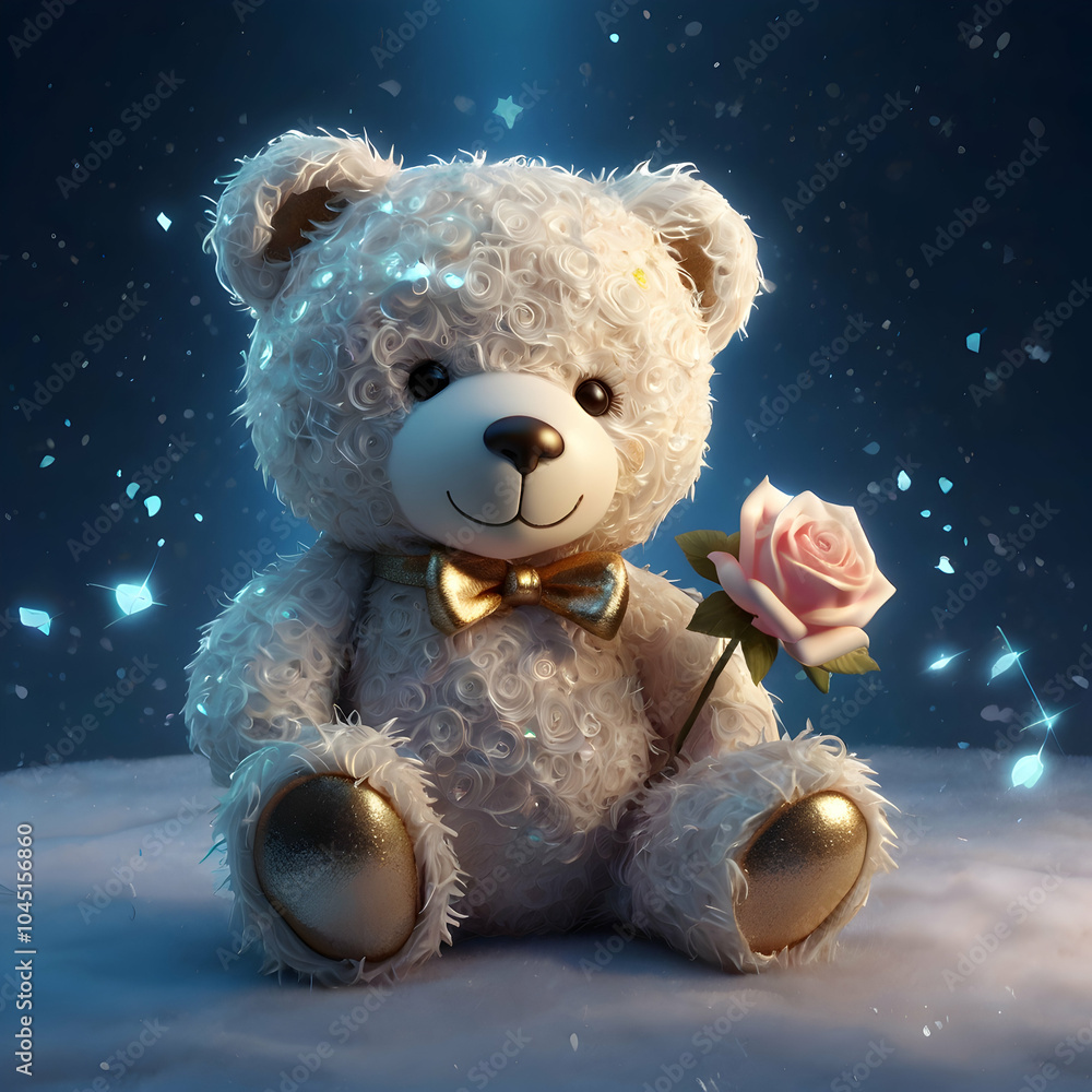A captivating 3D render of an anime-inspired teddy bear named Nancy, showcasing a charming and enchanting design. The white bear is elegantly adorned with a delicate rose theme, enhanced by gold accen A captivating 3D render of an anime-inspired teddy bear named Nancy, showcasing a charming and enchanting design. The white bear is elegantly adorned with a delicate rose theme, enhanced by gold accen