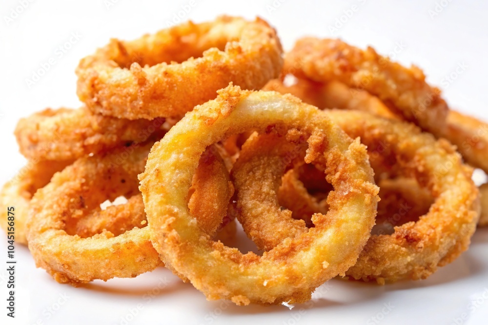 Extreme close-up of fried onion rings isolated on white background Extreme close-up of fried onion rings isolated on white background