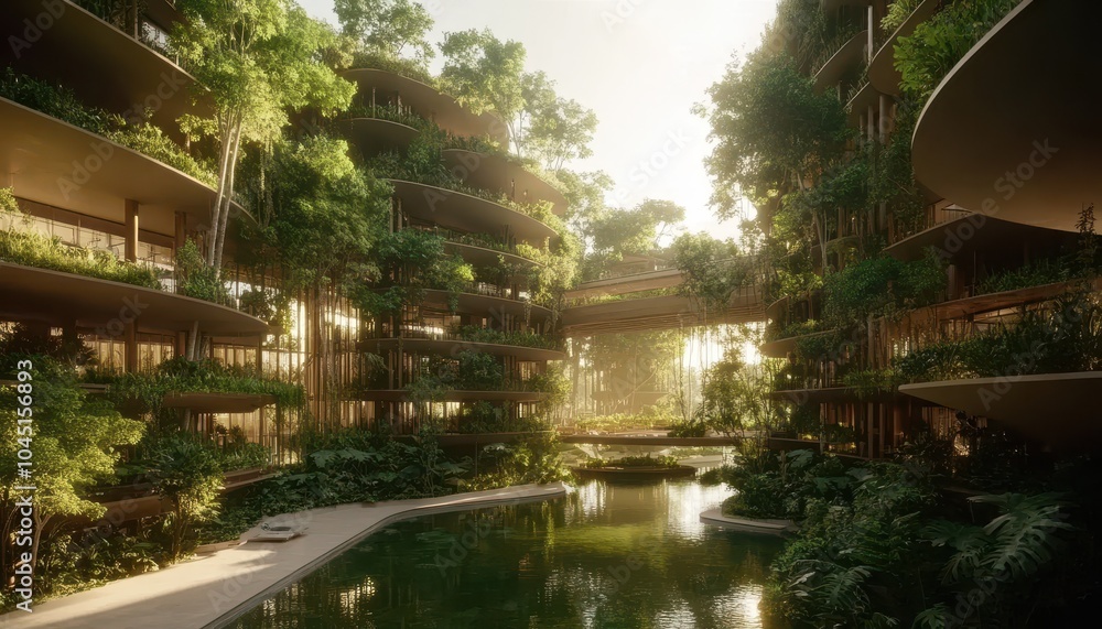 Sustainable garden design in a modern architectural setting during golden hour Sustainable garden design in a modern architectural setting during golden hour