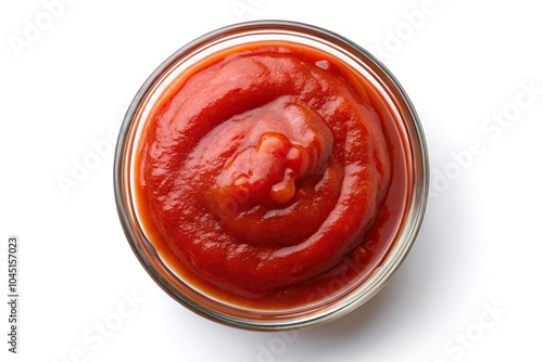 Extreme close-up of glass bowl of tomato sauce isolated on white background