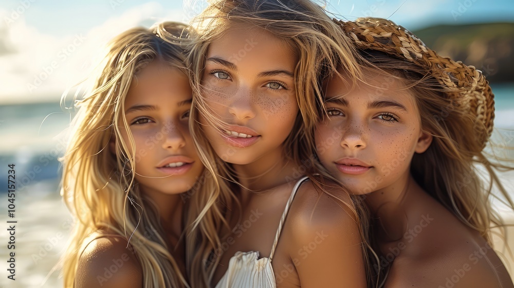 Beautiful supermodel model mum and her two teenage model daughter's at beach. Beautiful supermodel model mum and her two teenage model daughter's at beach.
