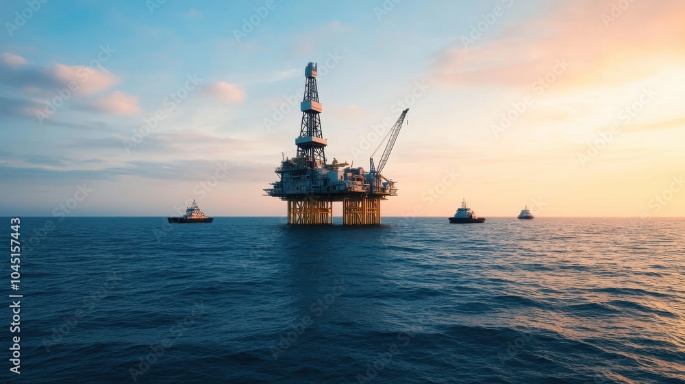 Oil Platform in Deep Water with Supply Boats Oil Platform in Deep Water with Supply Boats