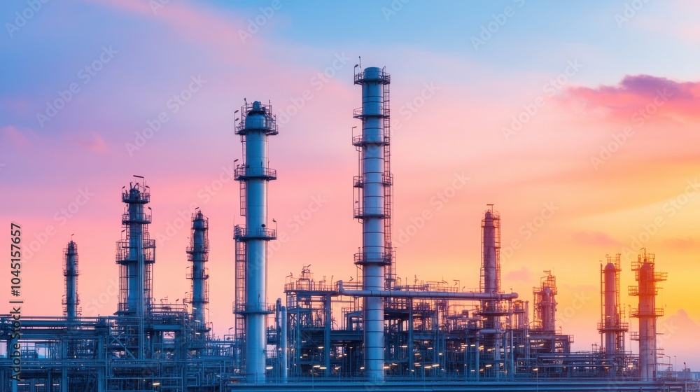 Sunset over Oil Refinery with Tall Towers Sunset over Oil Refinery with Tall Towers