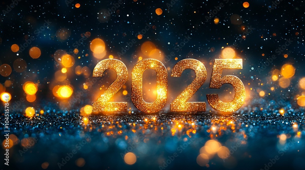 A gold number 2025 on a blue background with bokeh lights A gold number 2025 on a blue background with bokeh lights