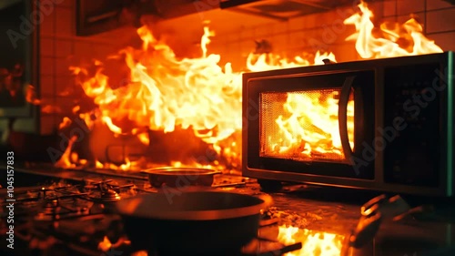 An incident involving a kitchen fire where the microwave was engulfed in flames occurred