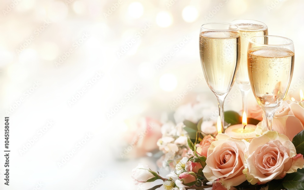 Anniversary: A romantic background with champagne glasses clinking, roses, and candles. The top half of the image is softly blurred, providing room for an anniversary message. Anniversary: A romantic background with champagne glasses clinking, roses, and candles. The top half of the image is softly blurred, providing room for an anniversary message.