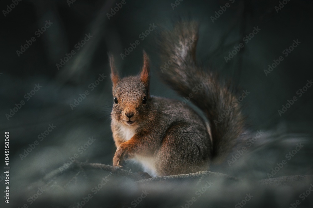 Fototapeta premium Close-up of a squirrel in a forest setting.