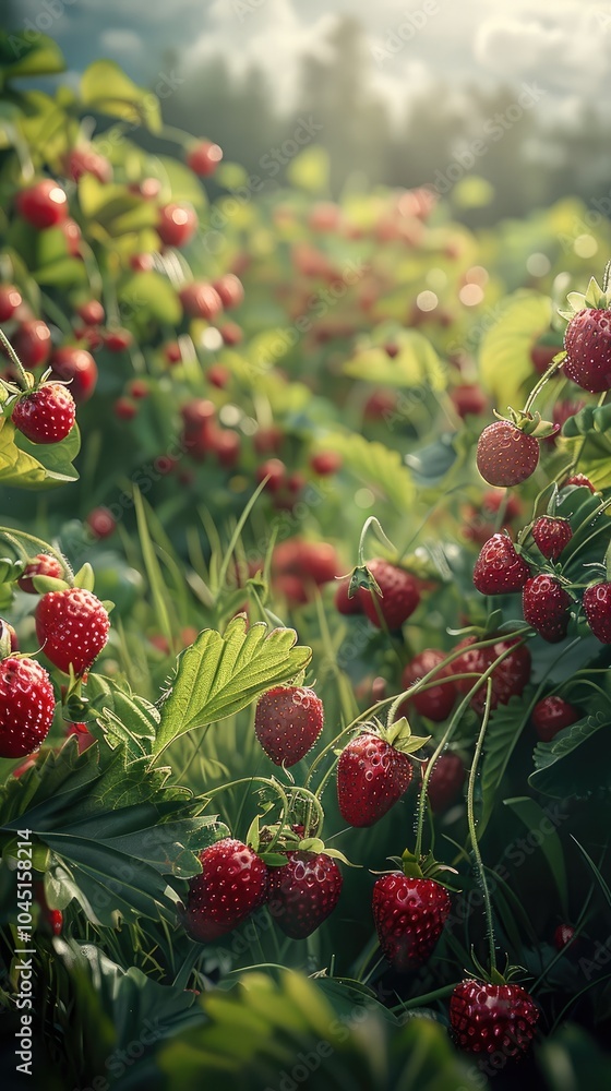 A lush, green field with thick grass, where many vibrant red strawberries are scattered and growing. A lush, green field with thick grass, where many vibrant red strawberries are scattered and growing.
