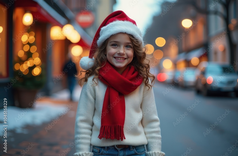 Small smiling curly girl in Santa Claus hat holding little christmas gift box, white sweater and blue jeans, red scarf, girl standing on evening Christmas street