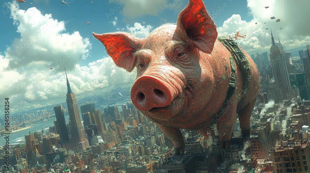 political caricature featuring a politician with a pig's head looming over a cityscape, illustrating social commentary through absurdity and satire against a backdrop of urban life