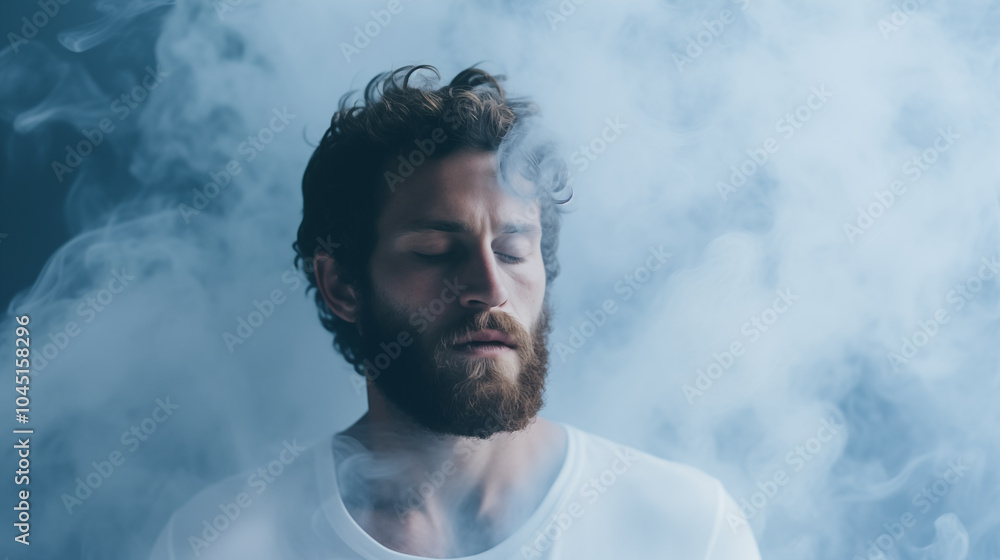 Young Man Standing Amidst Blue and White Smoke in a Dramatic Scene. Beautiful man. Mens Healthcare. Creative art Young Man Standing Amidst Blue and White Smoke in a Dramatic Scene. Beautiful man. Mens Healthcare. Creative art