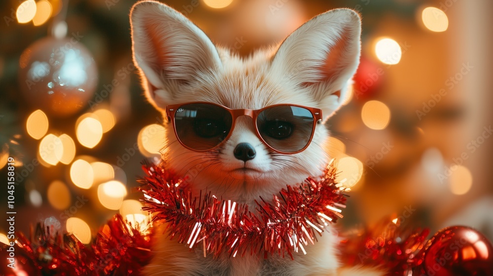 Fennec fox with sunglasses and red tinsel in a holiday setting Fennec fox with sunglasses and red tinsel in a holiday setting