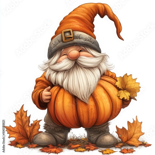 A cheerful gnome holding leaves and surrounded by autumn foliage.