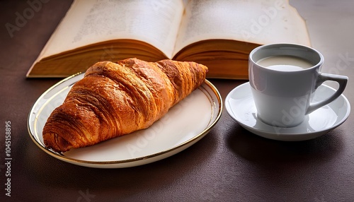 Croissant and milk, a cup of tea and a book; the concept is the holidaymakers that love coffee photo