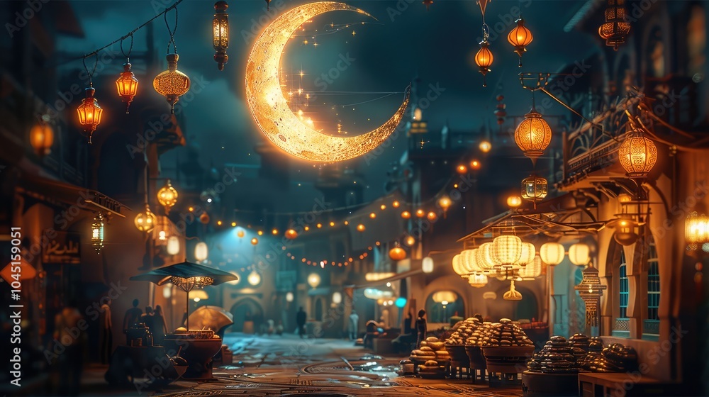 A crescent moon shining over a bustling street market, with colorful lanterns and decorations for Ramadan. A crescent moon shining over a bustling street market, with colorful lanterns and decorations for Ramadan.