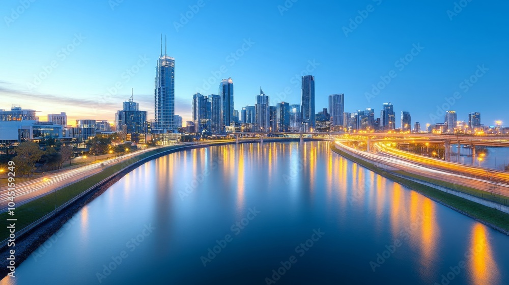 Fototapeta premium City Skyline at Dusk with River Reflections