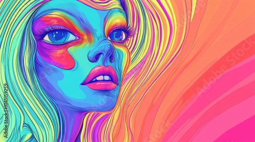 Cartoon illustration of an alien girl featuring a vibrant rainbow gradient line design