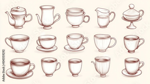 A collection of illustrated cups and teapots in various styles.