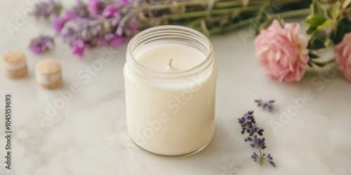 A calming candle surrounded by fresh flowers on a marble surface.