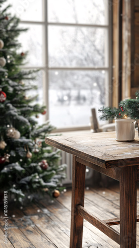 Christmas and New year background with empty dark wooden deck table over christmas tree and blurred light bokeh. Empty display for product montage. Rustic vintage Xmas background. 