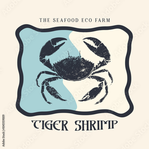 Seafood Crab t-shirt print, sea waves, fishing, vector grunge design. Seafood Crab Varsity Vector Graphic, Retro food graphics vintage tee print design, Crab vector artwork for apparel t-shirt graphic photo